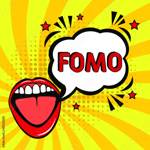 FOMO - fear of missing out concept. FOMO in comic pop art style. Comic book explosion with text FOMO. Vector bright cartoon illustration in retro pop art style.