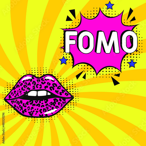 FOMO - fear of missing out concept. FOMO in comic pop art style. Comic book explosion with text FOMO. Vector bright cartoon illustration in retro pop art style.