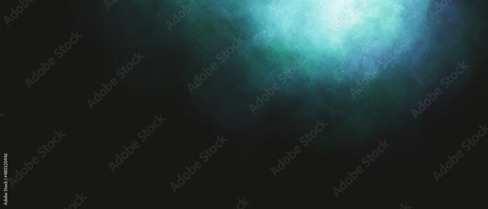 テキストスペースのある暗い星空のイラスト背景）シアンの星雲　バナー　夜　綺麗　光　宇宙　ダーク