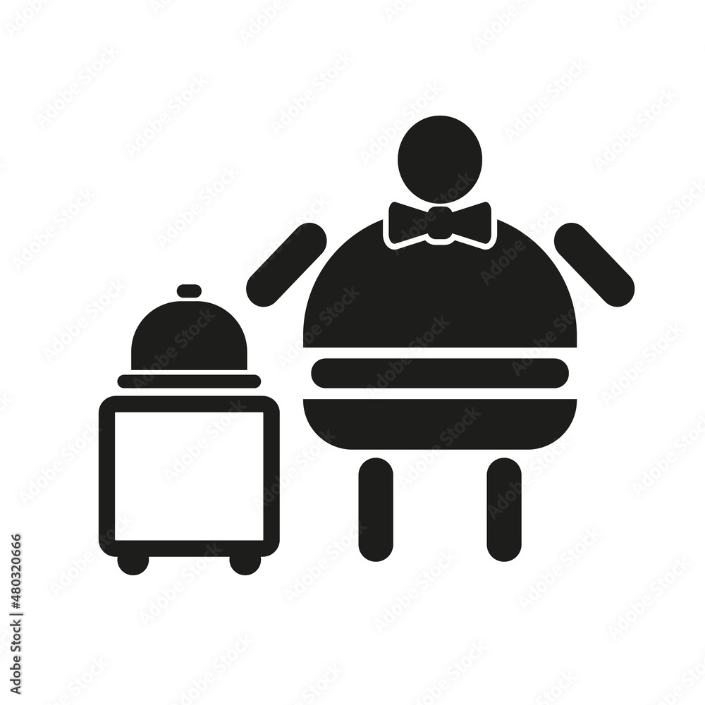 Obraz premium burger man.Pictograms for burger.Waiter hand holding cloche serving plate flat icon for food apps and websites
