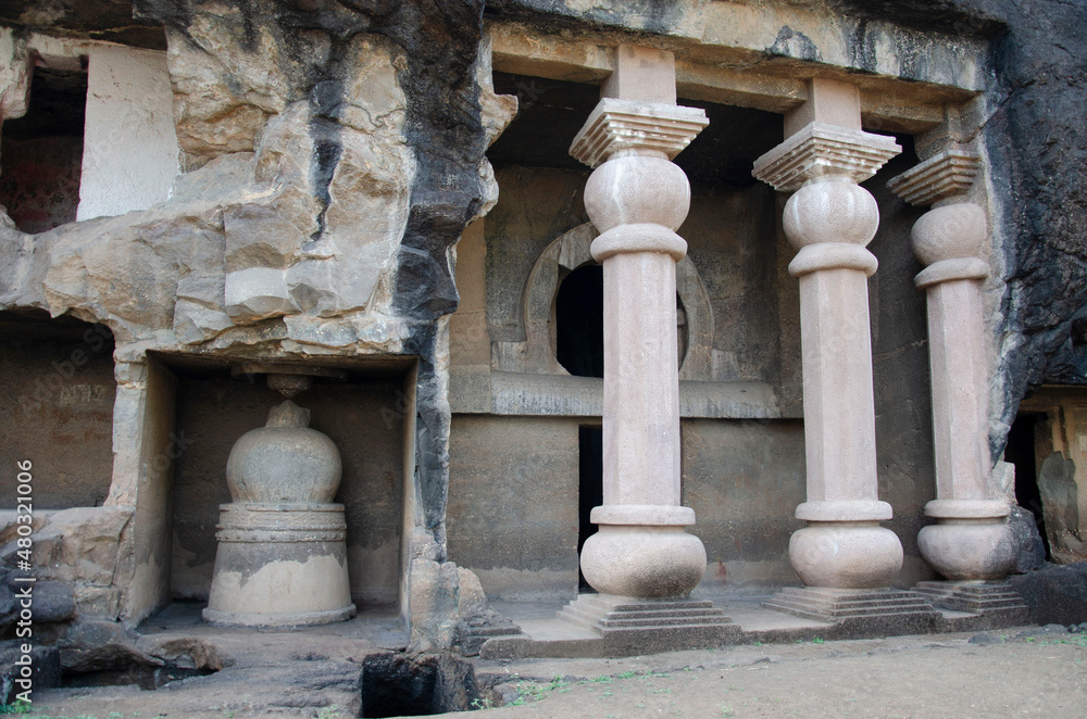 Unfinished Chaitya at the Amba - Ambika group of caves. Consists of one Chaitya, 17 Viharas, 11 water tanks and in total 15 inscriptions, Manmodi Hill at Junnar, near Pune, Maharashtra, India