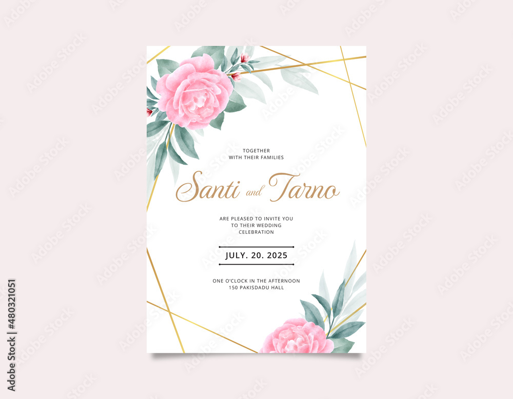 Wedding invitation card template with geometric gold frame and watercolor roses and leaves