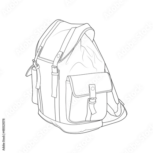 Bagpack outline drawing vector, Bagpack in a sketch style, trainers template outline, vector Illustration.
