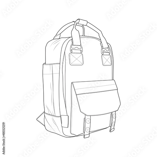 Bagpack outline drawing vector, Bagpack in a sketch style, trainers template outline, vector Illustration.
