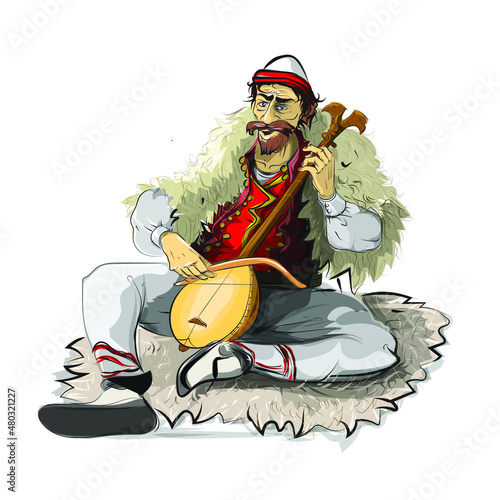 Albanian man with traditional instrument lahuta, with folk dress