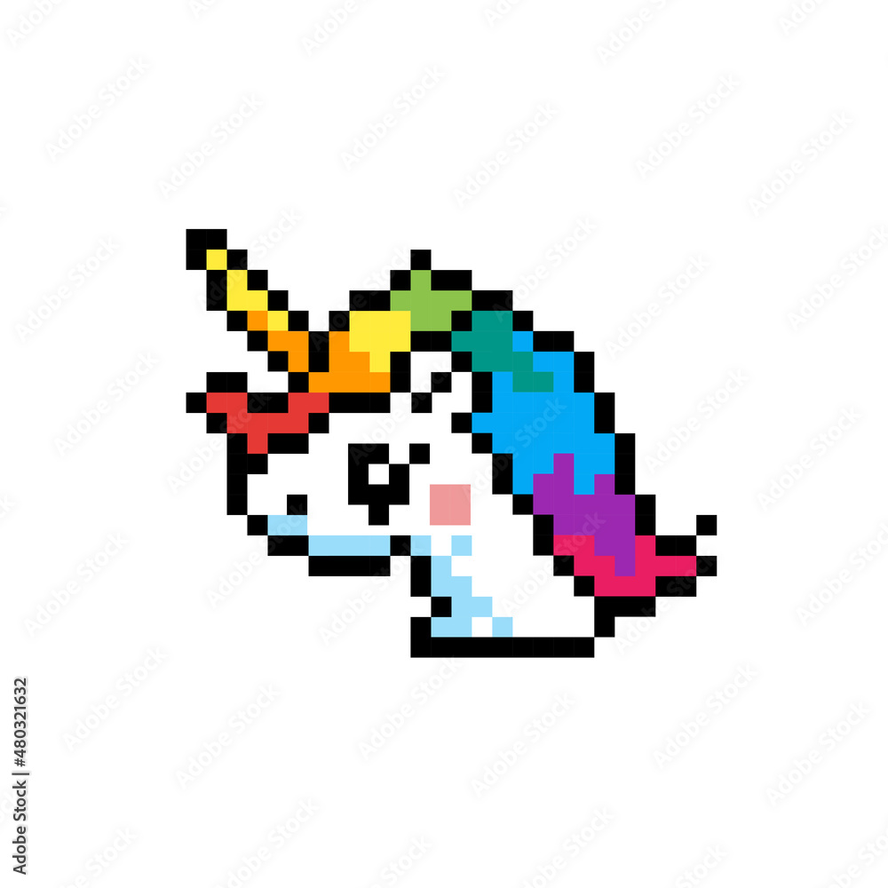 Pixel art cartoon Cat Unicorn with rainbow tail and hair on pink background