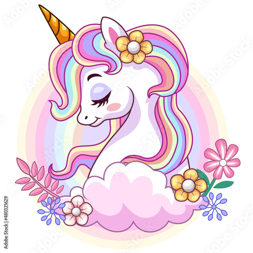 Cartoon beautiful unicorn head is on the cloud with beautiful flowers