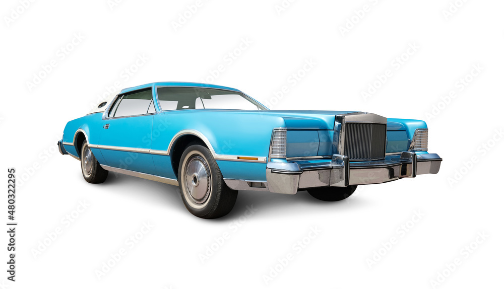 Blue Classic Retro Car Isolated on White. All Logos Removed.