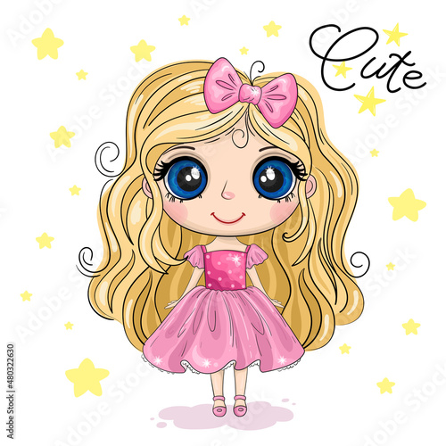 Cute girl. Good for greeting cards, invitations, decoration, Print for Baby Shower etc. Hand drawn vector illustration with girl cute print