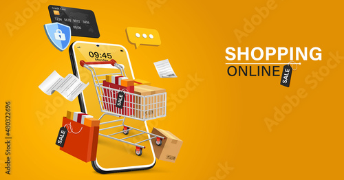 Shopping Online on Website or Mobile Application Vector Concept Marketing and Digital marketing.Online shopping store with mobile , credit cards and shop elements.Vector illustration.	