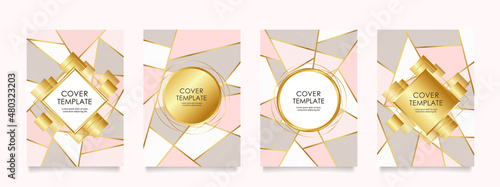 ピンクと金のジオメトリック背景に金色のラベルのベクターカバーデザインセット。ビジネスのパンフレット、カード、パッケージ、ポスターの背景として。