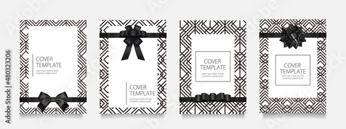 黒のジオメトリックパターンに黒いリボンのベクターカバーデザインセット。ビジネスのパンフレット、カード、パッケージ、ポスターの背景として。