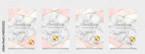 大理石とピンクと金のジオメトリック背景に金色のラベルのベクターカバーデザインセット。ビジネスのパンフレット、カード、パッケージ、ポスターの背景として。