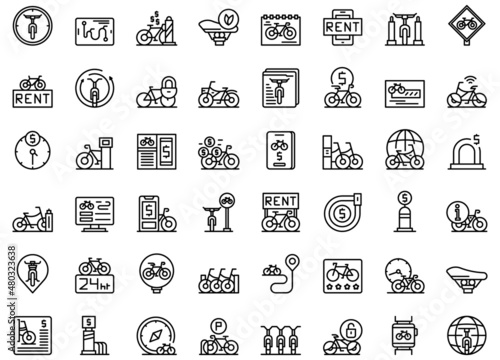 Bike sharing icons set outline vector. Bicycle station. City person