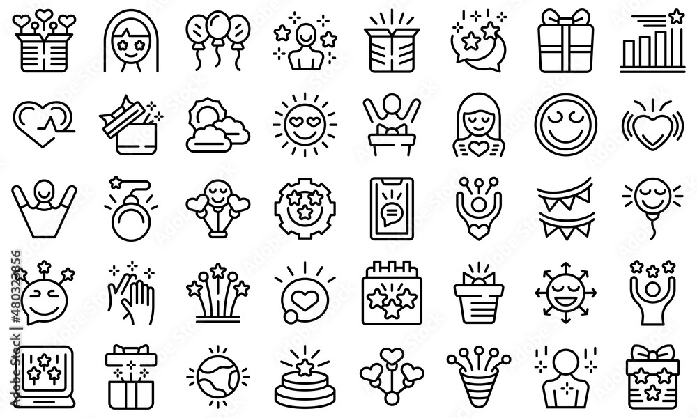 Delight icons set outline vector. Happy woman. Energetic person Delight icons set outline vector. Happy woman. Energetic person