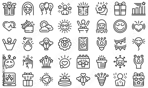 Delight icons set outline vector. Happy woman. Energetic person