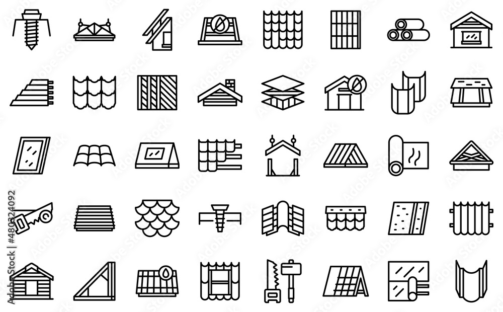Install the roof icons set outline vector. Safety builder. Home construction - obrazy, fototapety, plakaty 