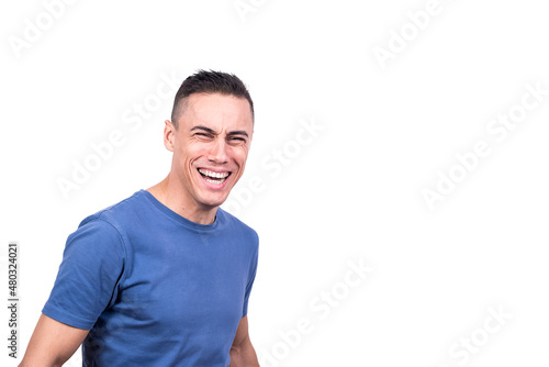 Portrait with copy space of a man laughing
