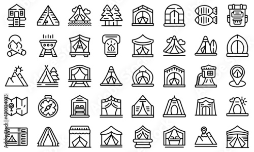 Glamping icons set outline vector. Tent adventure. Architecture camping