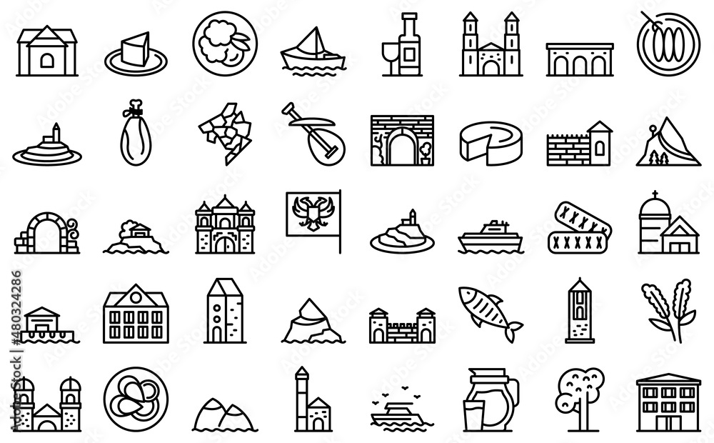 Fototapeta premium Montenegro icons set outline vector. Country area. Atlas building