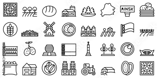 Belarus icons set outline vector. Minsk architecture. Stork flag