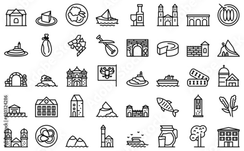 Montenegro icons set outline vector. Country area. Atlas building