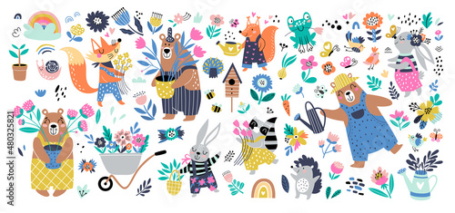 Isolated set with cute forest animals with flowers in cartoon style. Ideal kids design, for fabric, wrapping, textile, wallpaper, apparel © Angelina De Sol