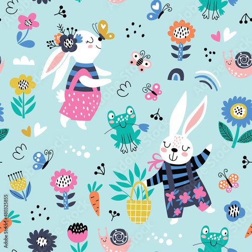 Seamless childish pattern with cartoon rabbit with flowers. Creative kids texture for fabric  wrapping  textile  wallpaper  apparel. Vector illustration