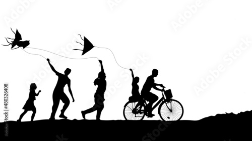 designer illustration of kite flying festival with children flying kites in silhouette with white background for template,wallpaper and flyers