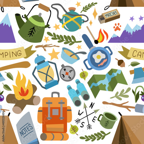 Hand drawing vector seamless pattern of camping stuff. Flat style simple illustration of countryside design icons. Use for outdoor design, textile, fabric, pattern, print, postcard, poster