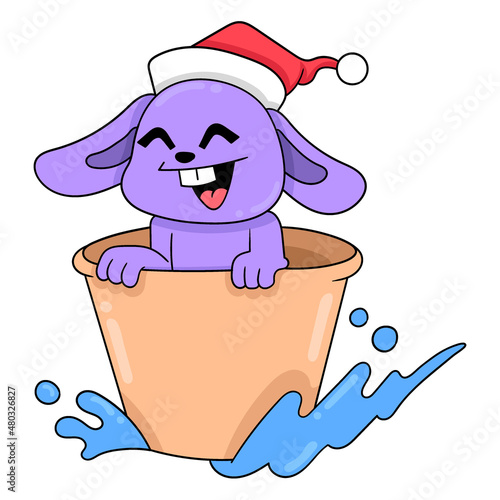 the rabbit is playing in the water on the boat from the bucket, doodle icon image kawaii