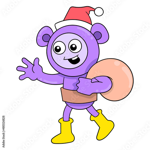 walking creatures carry gift bags to share, doodle icon image kawaii