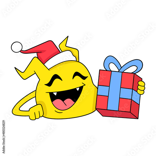 yellow cute monster is happy to get a gift, doodle icon image kawaii
