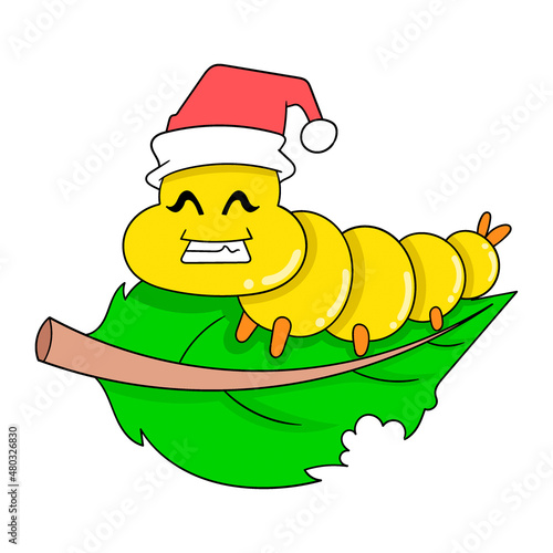 a caterpillar wearing a christmas hat is on a spring leaf, doodle icon image kawaii