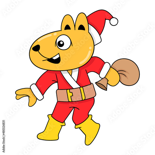 yellow puppy disguised as santa claus, doodle icon image kawaii