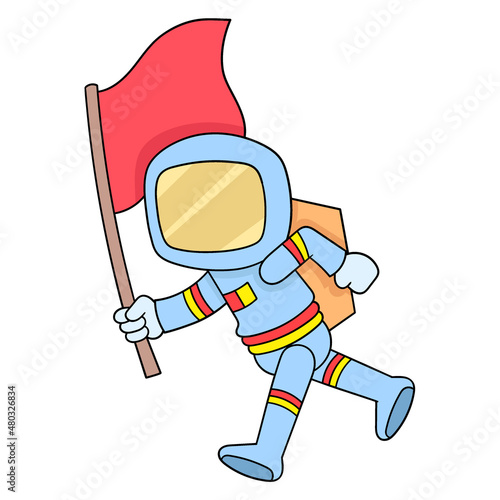 astronaut is walking carrying a traveling flag, doodle icon image kawaii
