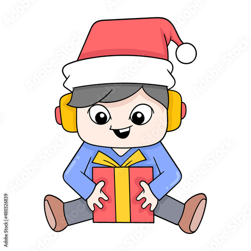 boy enthusiastic about christmas celebration opening gifts, doodle icon image kawaii