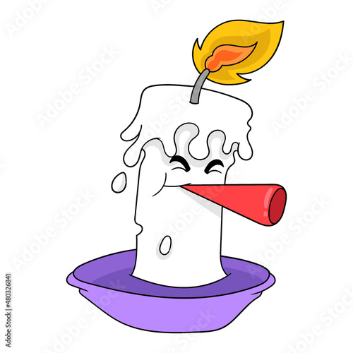 candles blowing new year trumpet, doodle icon image kawaii