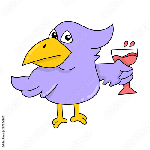 bird holding a glass of red wine, doodle icon image kawaii