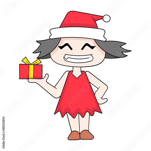 girl standing with christmas surprise gift, doodle icon image kawaii