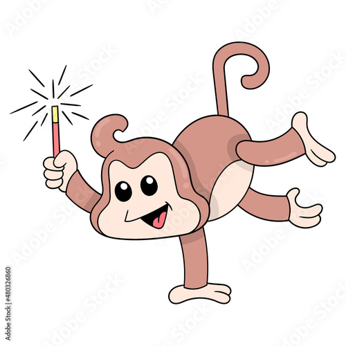 monkey doing acrobatics holding fireworks, doodle icon image kawaii