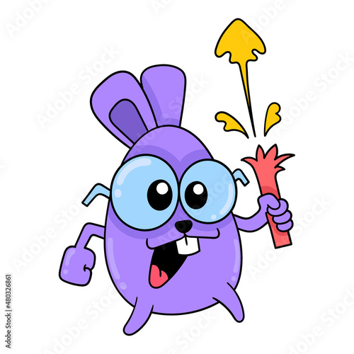 purple creature with glasses playing with fireworks, doodle icon image kawaii
