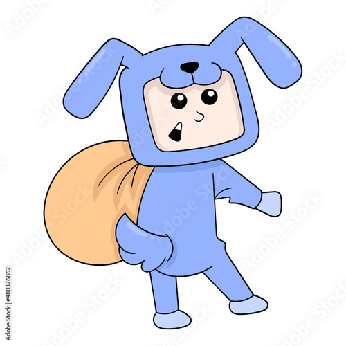 man in rabbit costume walking with sack, doodle icon image kawaii