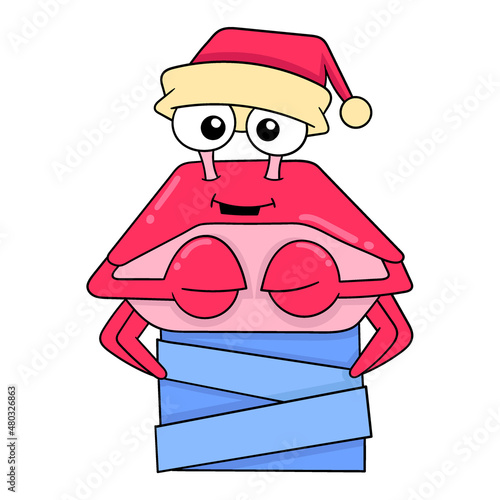 red crab wearing a christmas hat, doodle icon image kawaii