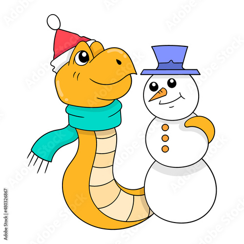 snake is playing make a snowman out of snow, doodle icon image kawaii