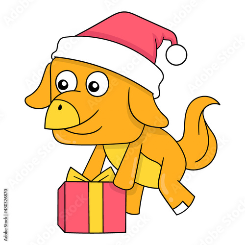 the orange creature is carrying a christmas present, doodle icon image kawaii