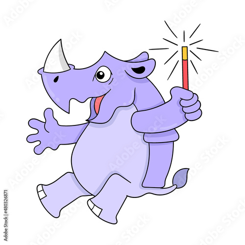 rhino holding new year fireworks, doodle icon image kawaii
