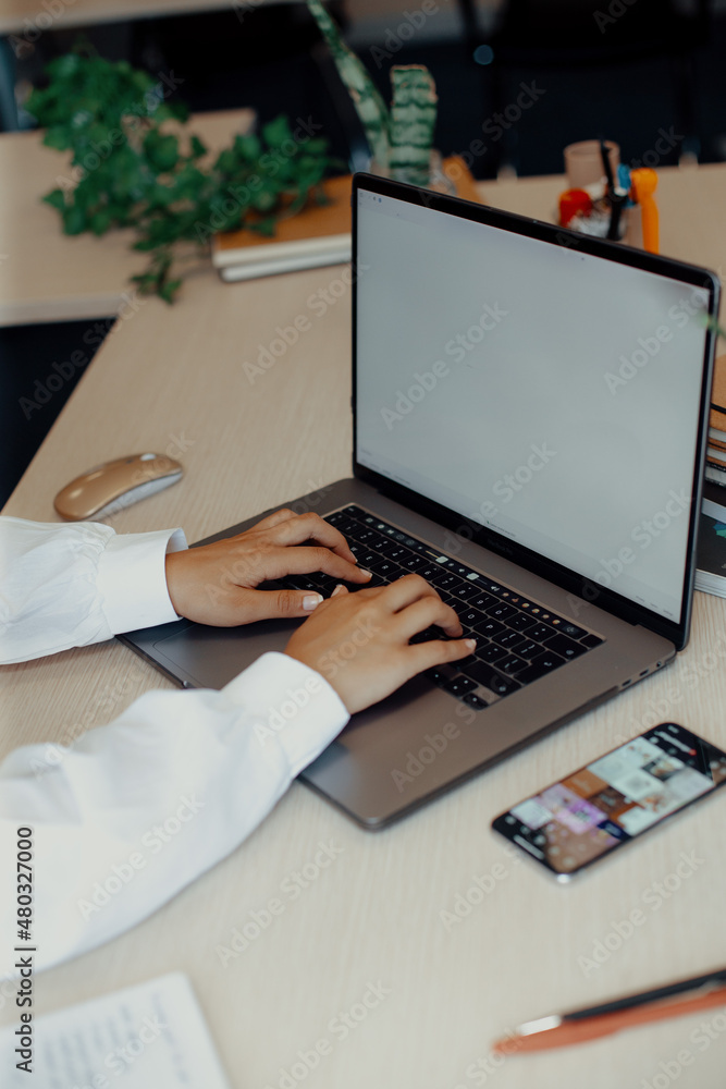 Fototapeta premium Woman typing at laptop keyboard on desk