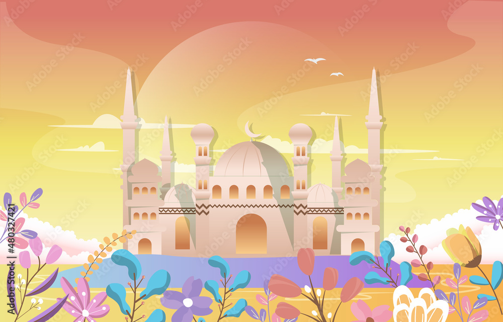 Ramadan Kareem Eid Mubarak Mosque Nature Islamic Celebration Illustration