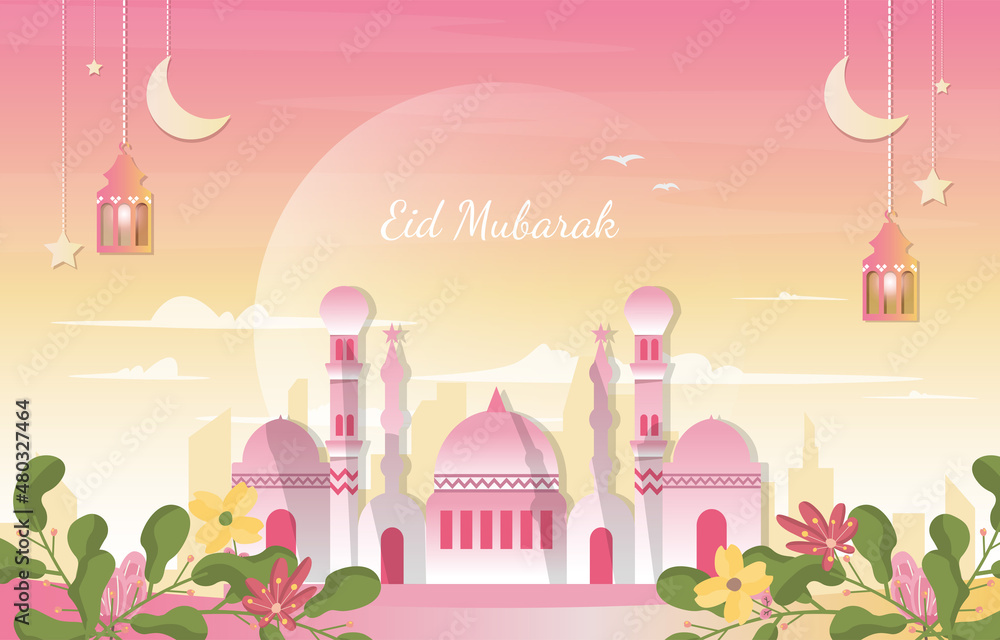 Beautiful Mosque Nature Eid Mubarak Muslim Islamic Celebration Illustration